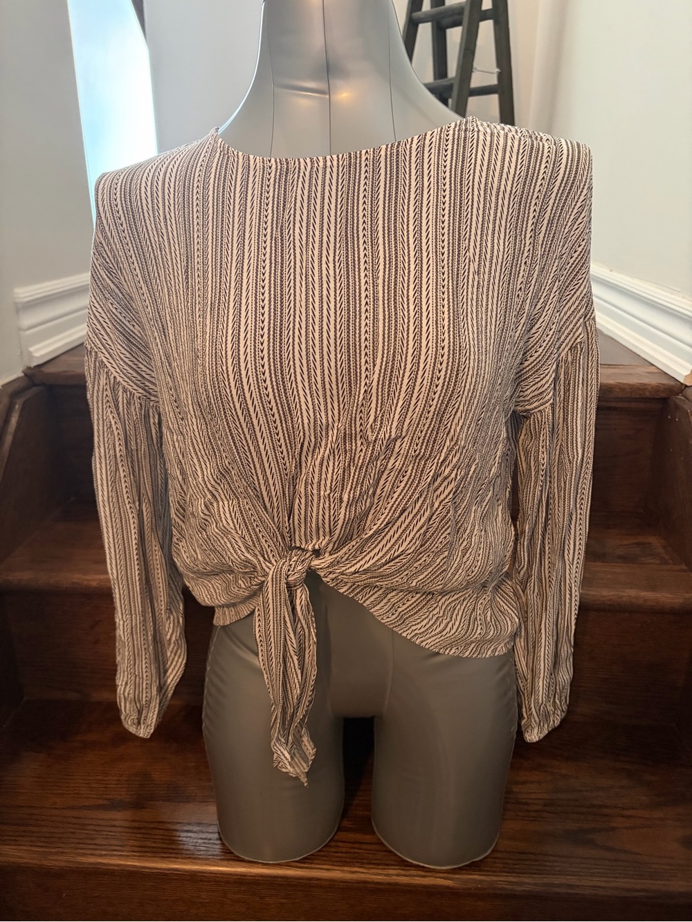 Women’s Striped Tie-Front Long Sleeve Top - Black and White